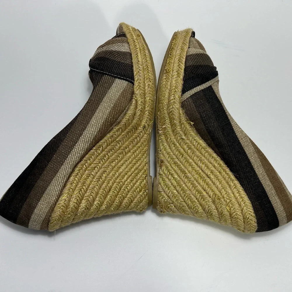 Rue21 ETC Brown Beige Stripe Jute Platform Peep Toe Wedge Womens size 8 9 Large
